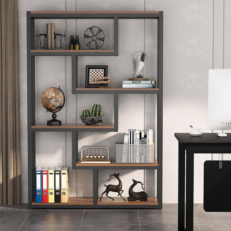 6-Tier Industrial Etagere Bookcase With Asymmetrical Open Shelves For Stylish And Functional Vertical Storage.