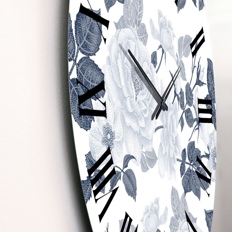 Horloge murale à motif de roses blanches aux nuances de gris I, Grand