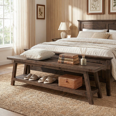 Solid Wood 63" Storage Bench For End Of Bed, Rustic Bedroom Bench With Shelf, Farmhouse Style