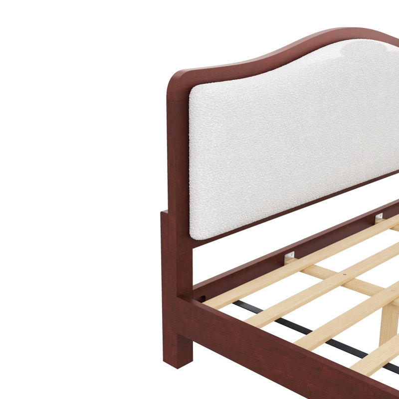 Lit plateforme très grand avec tête de lit tapissier, structure espresso et tissu blanc, Très grand lit, Espresso