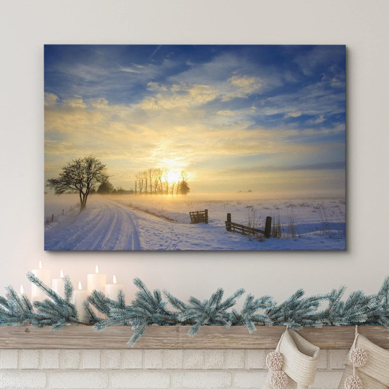 Paysage coucher de soleil en hiver avec neige dans les villes des Pays-Bas, impression sur toile, Toile tendue