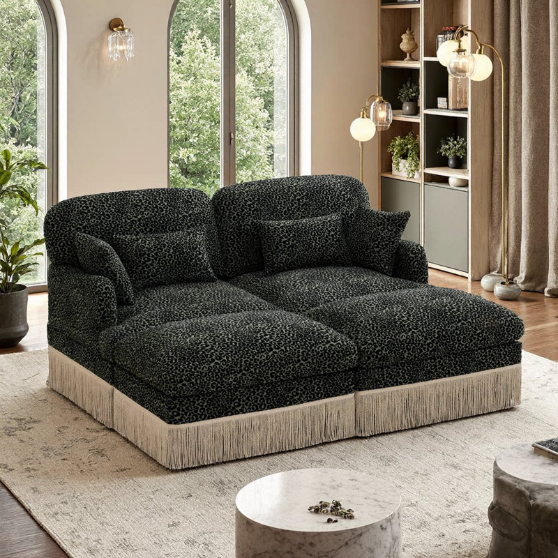 Canapé moderne en chenille à imprimé léopard avec repose-pieds mobile, assise profonde et conception ergonomique, Vert