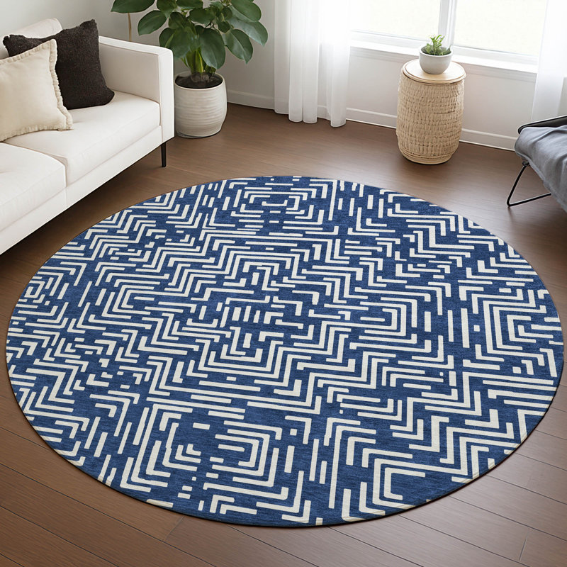 Machine Washable Indoor/Outdoor Chantille ACN2664 Geometric Rug, Navy, 8' Round