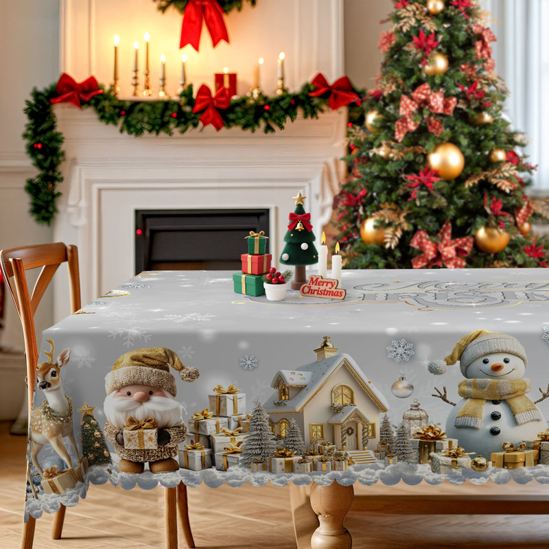 Nappe en polyester gris lavable à la machine avec motif bonhomme de neige doré pour Noël, L 86,6 po x l 70,8 po