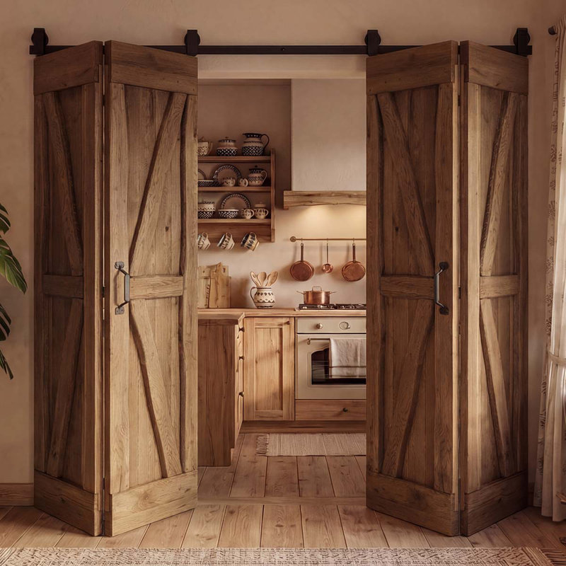 Favian Double Bi-Folding System Solid Oak Barn Door, Brown Oil