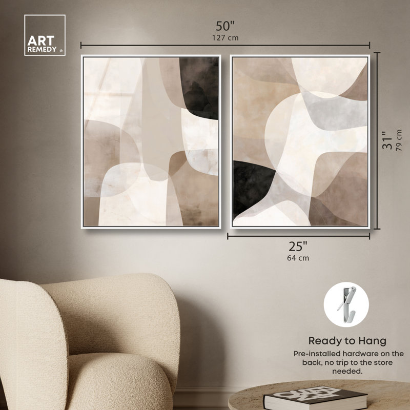 «Earthy Overlays Duet», reproduction d'art encadrée, ensemble d'art abstrait bohème par Art Remedy, cadre blanc, 24 x 30