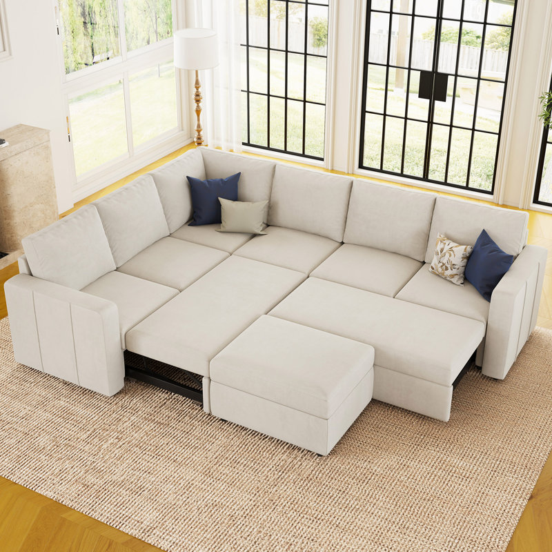 Grand canapé-lit modulaire avec repose-pieds Seybert, Velours beige