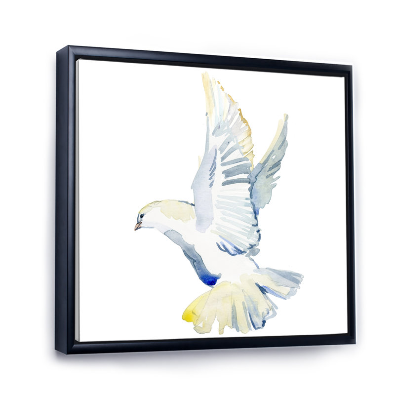 Colombe blanche en vol, H 30 po x l 30 po x P 1 po, Toile avec cadre flottant noir