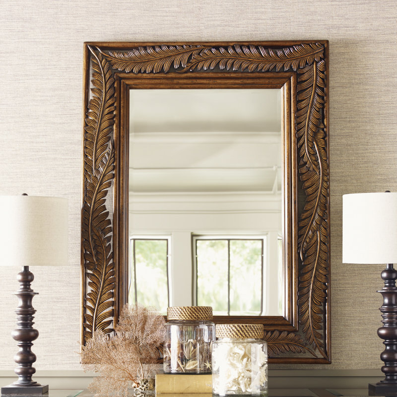 Transitional Brown Wood and Leather Rectangular Mirror