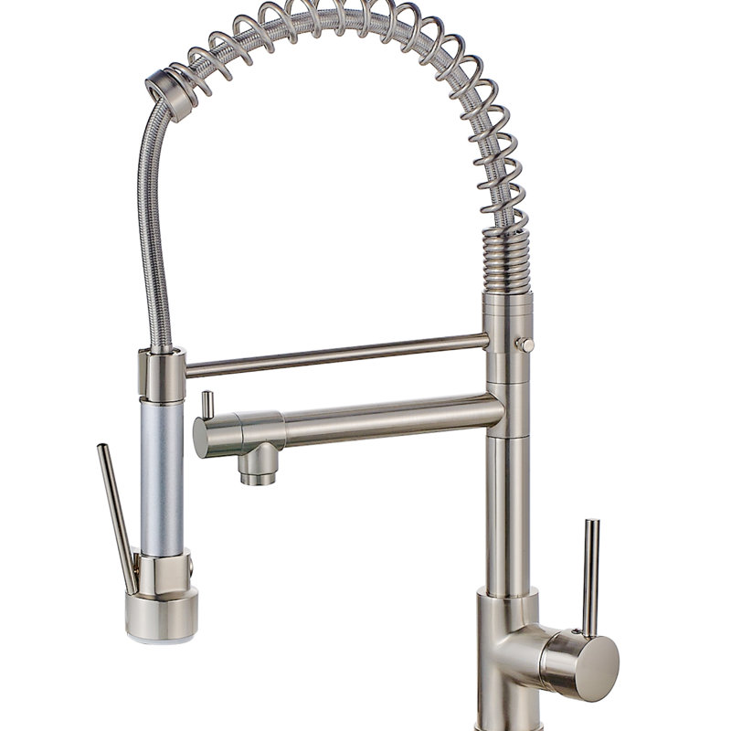 Robinet de cuisine en nickel brossé, douchette rétractable, laiton, poignée simple, robinet chaud et froid contemporain avec, nickel, accessoire de poignée solide