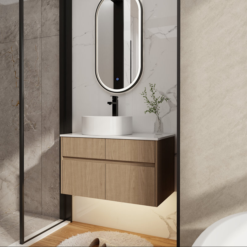 Meuble-lavabo flottant 32 po avec lavabo en céramique et armoire à fermeture en douceur 32 po, Noyer fumé