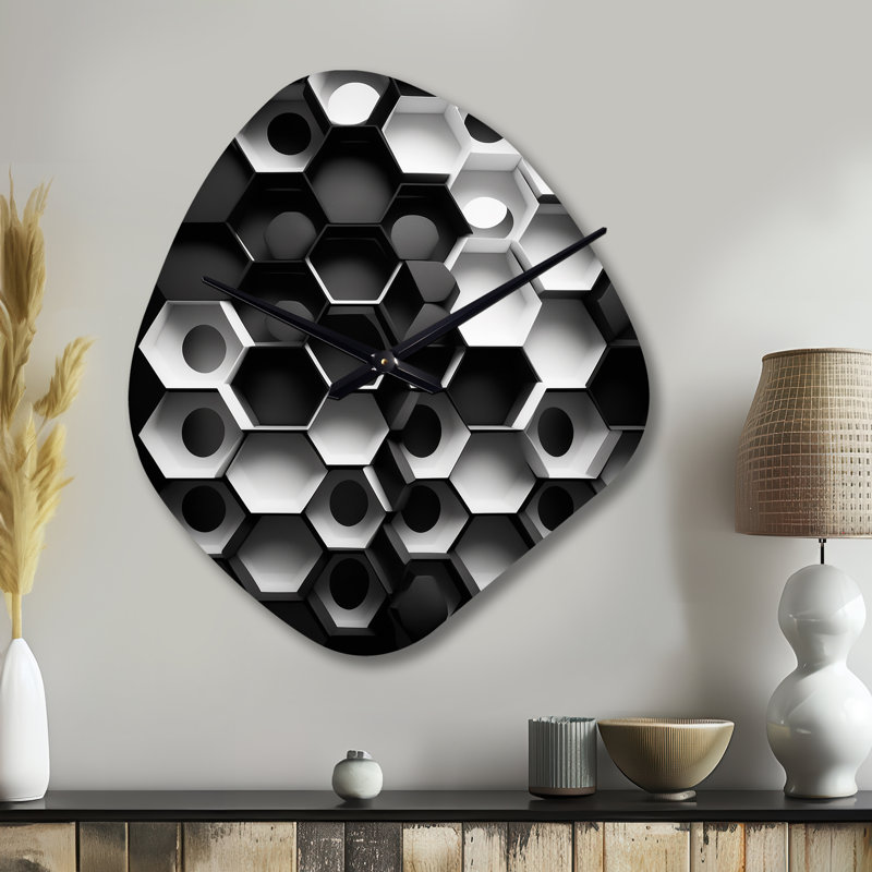 Abstrait géométrique noir et blanc II - horloge murale géométrique en forme unique, horloge asymétrique en métal, Petit