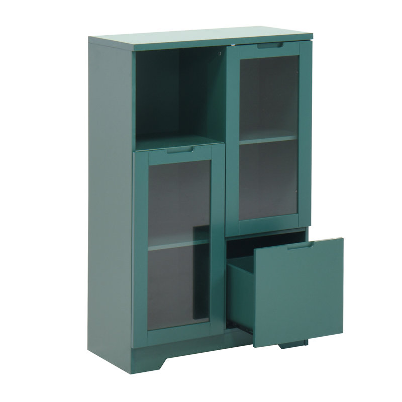 Armoire de plancher en bois avec 2 portes en verre et 2 espaces de rangement, Vert