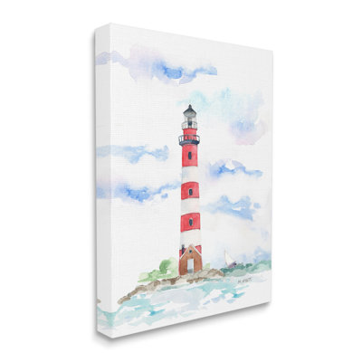 Phare à rayures rouges, paysage côtier doux