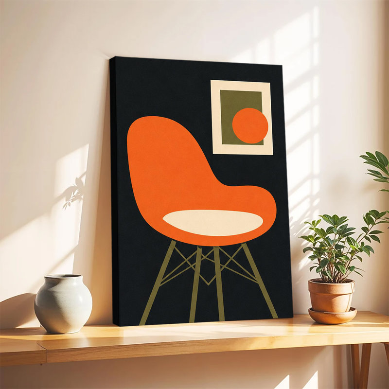 Chaise Mid-Century orange Eames avec impression d'art abstrait sur toile rétro, 24 po x 32 po