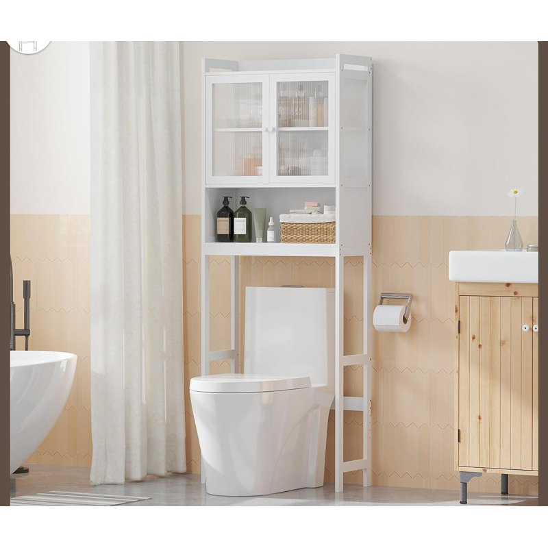 White Adjustable Over-the-Toilet Storage Rack with Acrylic Doors