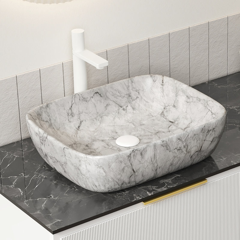 19'' Bathroom Ceramic Sink Featuring White Marble Design, No Cabinet, Stone Gray, Good Durability, Stain - Feature, Suitable For Long Term Use, 19.5 In Deep, 15.34 Wide, 5.41 High Inspired Without