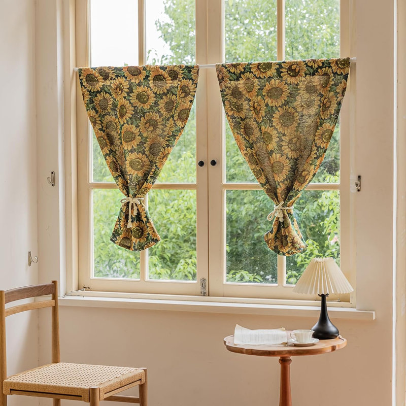 Polyester Small Short Curtains 2 Panels, 30" W x 30" L, Yellow/Green, Sunflower
