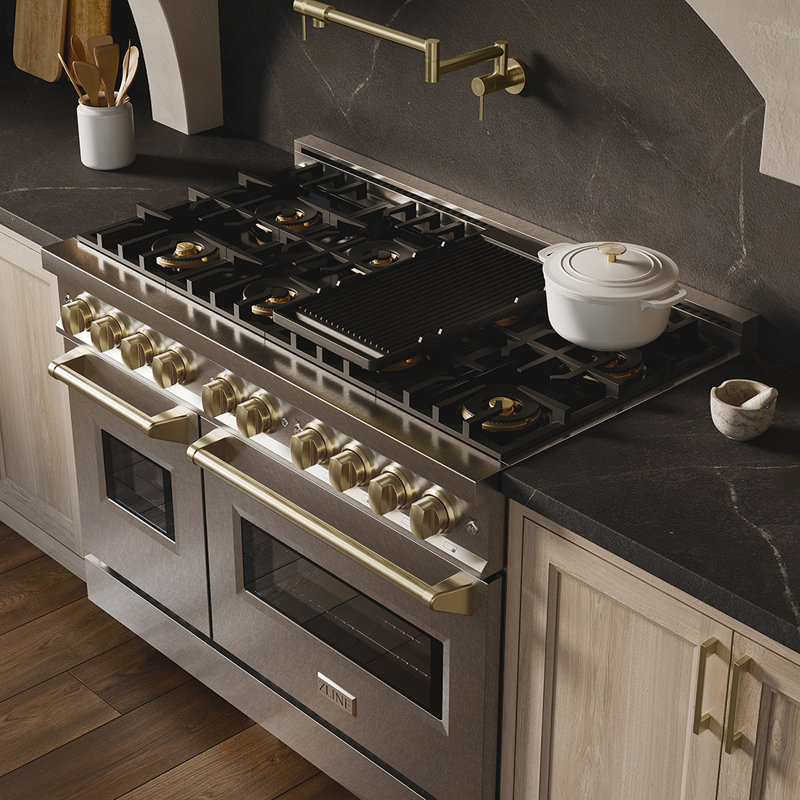 ZLINE Autograph 48 in. Classic Gas Range with 8 Burner DuoPro Cooktop w/ Champagne Bronze Accents, Satin Stainless Steel