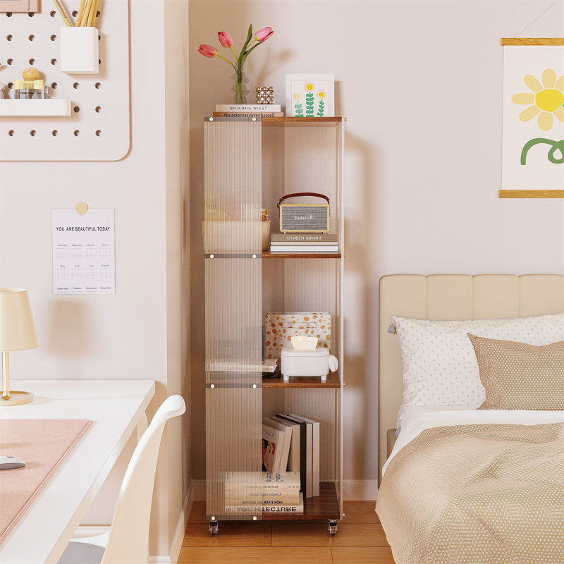 Étagère de rangement avec tablettes en acrylique sur roulettes
