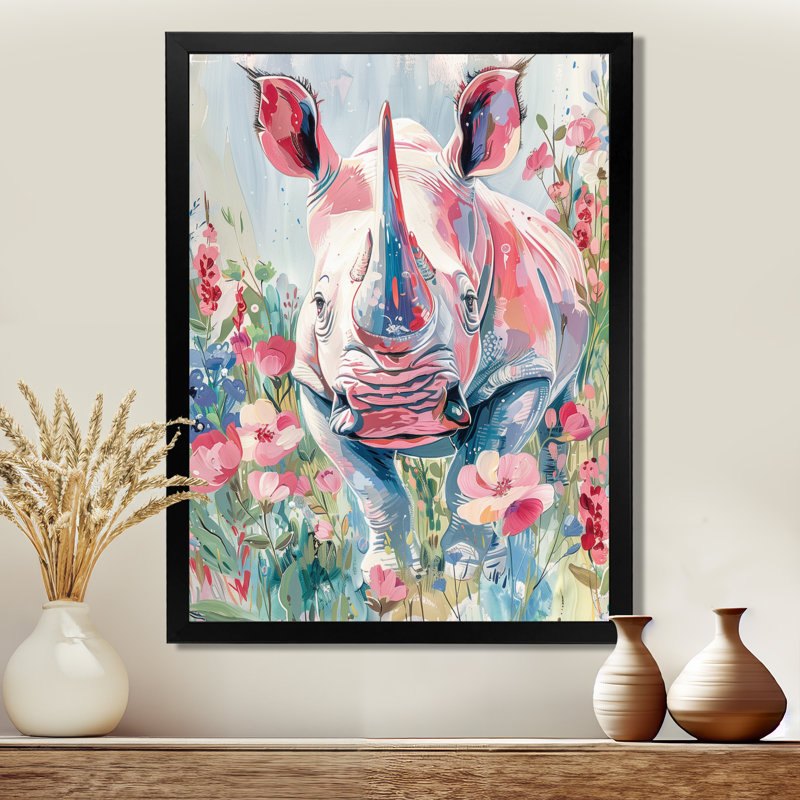 Reproduction d'art mural rose, rhinocéros vert, Meadows I - Rhinoceros, Cadre simple noir, H 12 po x l 20 po