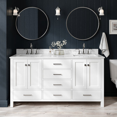 Meuble-lavabo double en bois massif Flynt avec plateau en marbre de Carrare 0,75 po