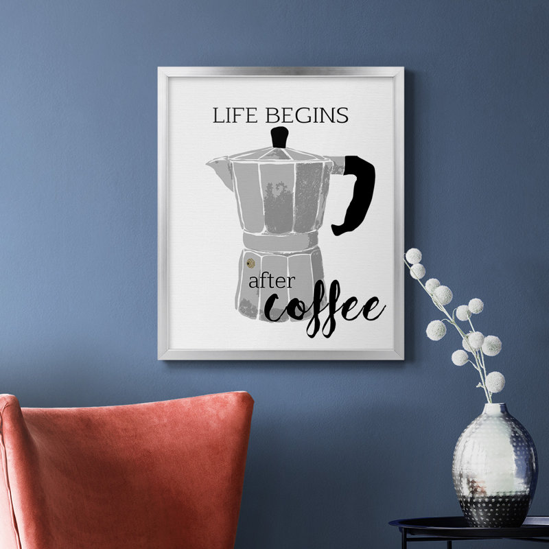 Begins After Coffee, toile encadrée de qualité supérieure - prête à être accrochée, Argent, H 24 po x l 20 po