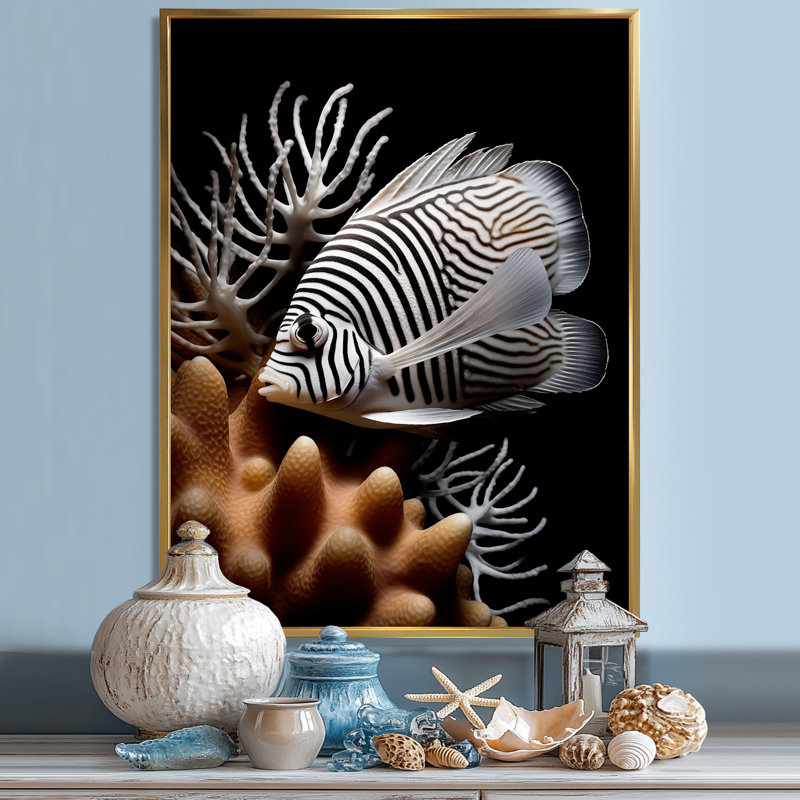 Zèbre poisson lion sur fond noir sur toile, Toile tendue, H 32 po x l 24 po