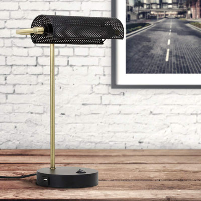 Reza 16" LED Desk Lamp with USB Charging Port, Metal Lamp, Flexible Swivel Arms, Soft White LED Reading Light (3000K), Bedside Reading Lamp, Office Lamp, Table Lamp, ETL Listed (Piano Lamp - Black)