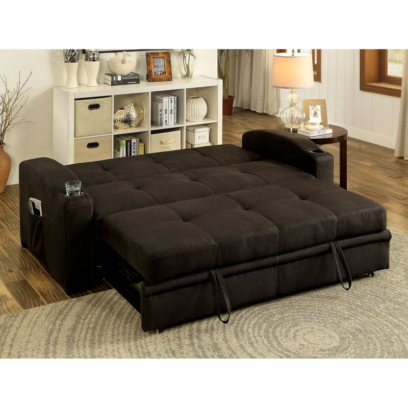 Futon transitionnel à boutons avec tissu brun foncé et porte-gobelets intégrés pour la conversion au lit