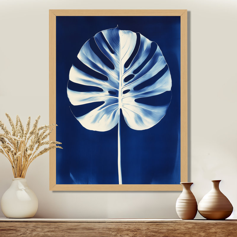 Monstera en bleu de Prusse II - Tableau botanique encadré, H 32 po x l 24 po, Natural Picture Framed