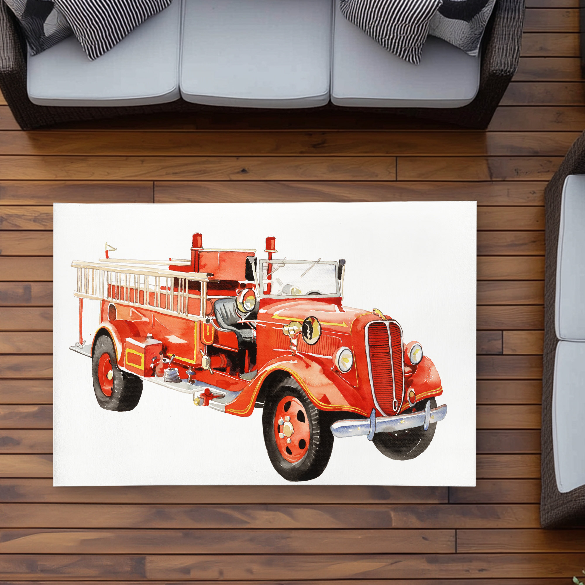 East Urban Home Vintage Fire Truck Rug | Kids Bedroom Outdoor Decor Rug ...
