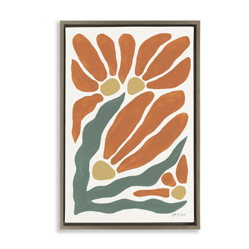 Art mural Mid-Century orange fleuri encadré par Floater, conception par Yvette St. Amant, H 25 po x l 17 po