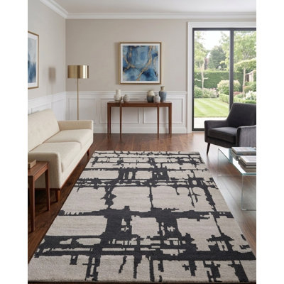 Beige | Charcoal 100% Wool Handmade Contemporary Hand Knotted Rectangle Indoor Area Rug