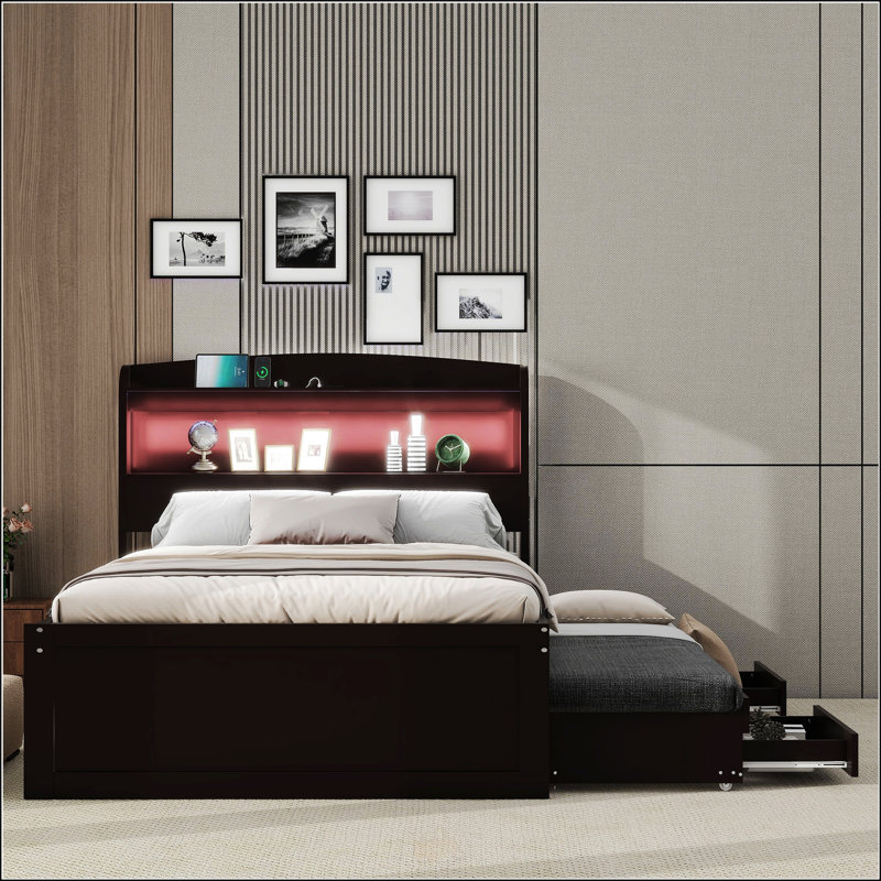 Lit plateforme simple TG avec tête de lit à DEL, Marron foncé