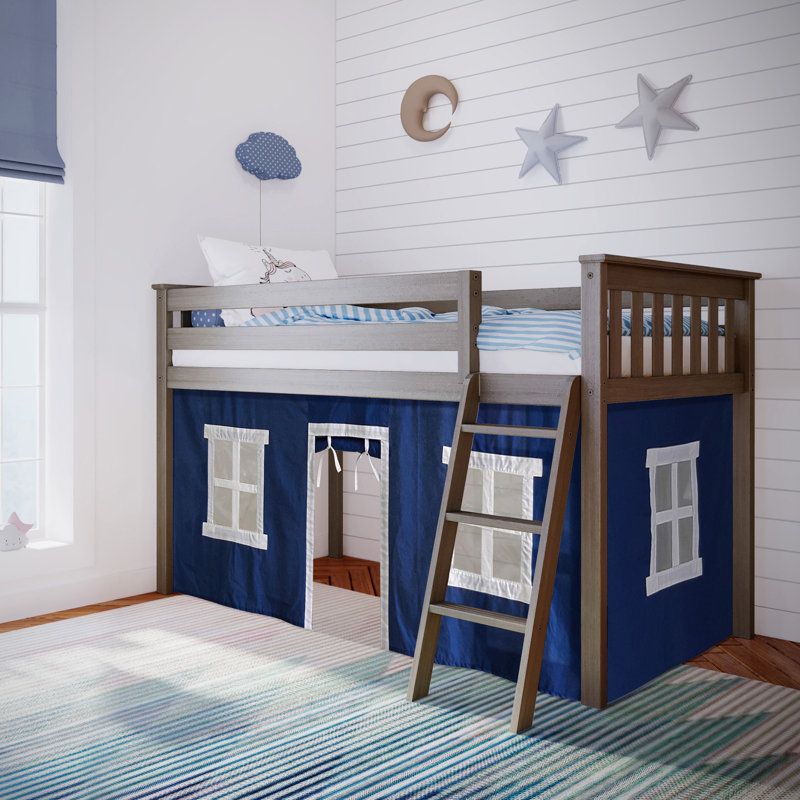 Lit mezzanine simple en bois massif avec rideau Ethridge Kids, Bleu, Argile