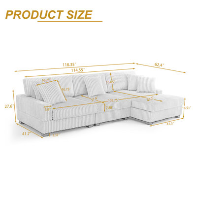 Canapé modulaire rembourré 3 pièces en flanelle de fourrure de lapin blanche avec accoudoirs et coussins décoratifs 3 pièces