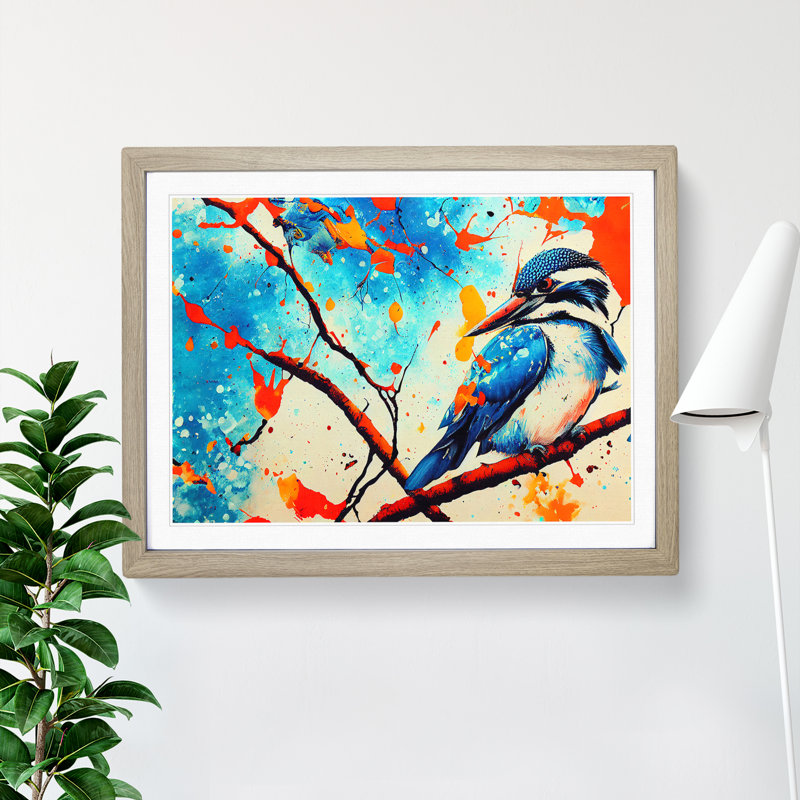 Kingfisher Bird Splashed Vol.5 Abstract - Framed Print, 34cm H x 46cm W x 2cm D, Oak