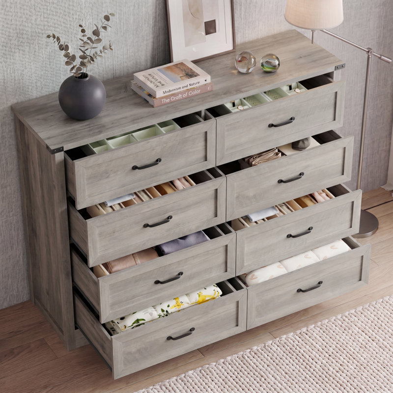 Commode 8 tiroirs, commode en bois moderne avec poignées en métal, conception anti-basculement, rangement robuste pour la chambre à coucher, le salon, le bureau personnel