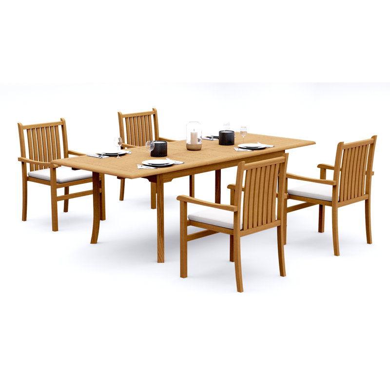 Ensemble de salle à manger en bois de teck Grade-A: table rectangulaire à double extension et fauteuils empilables Angarano # 11CH2412