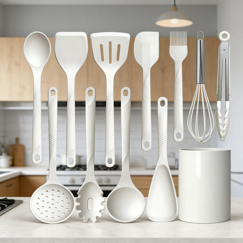 Ensemble d'ustensiles de cuisine en silicone - Outils de cuisine antiadhésifs 600 ° F avec noyau en acier inoxydable, sans BPA, lavable au lave-vaisselle, blanc crème, ensemble de 10 pièces