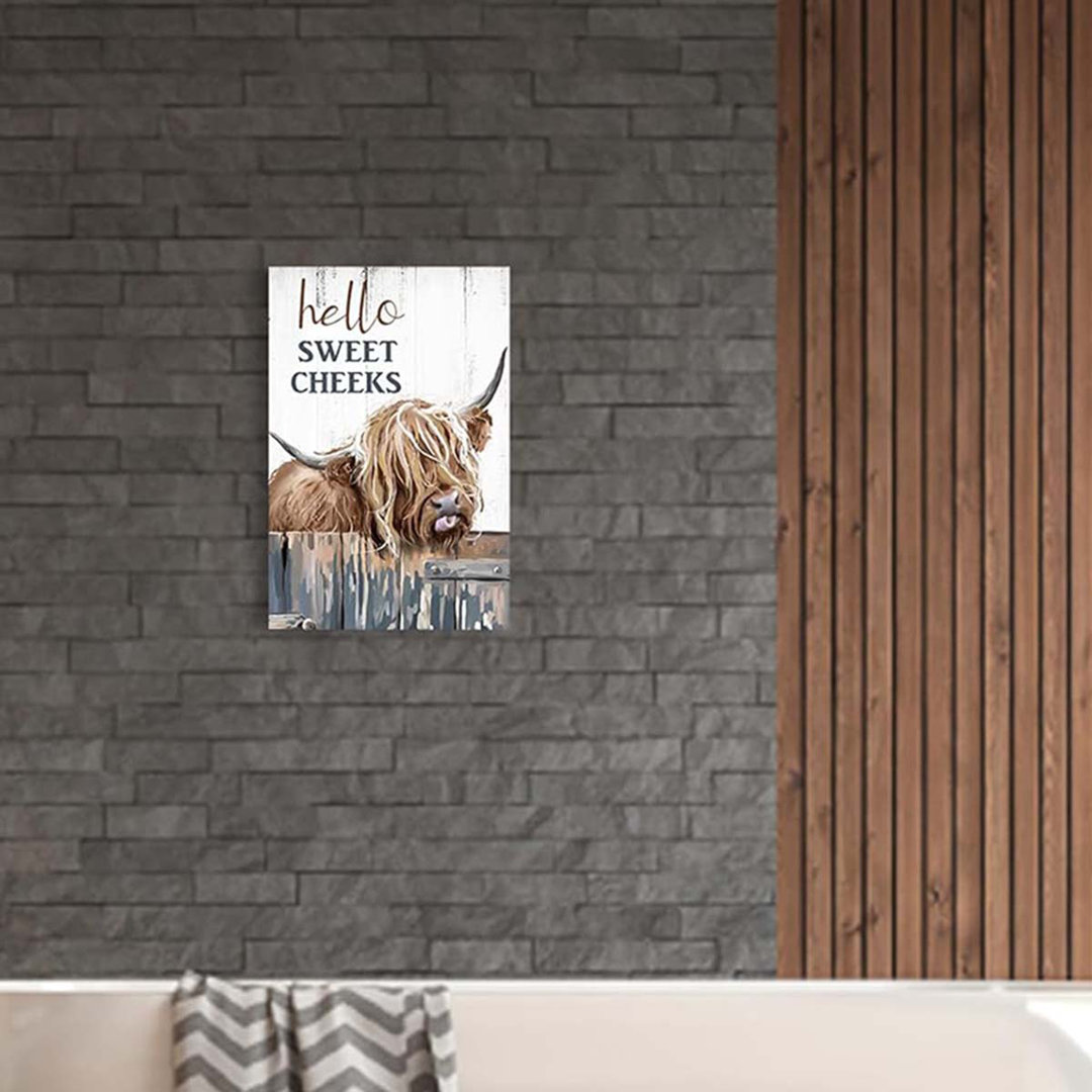 30*20,Hello Sweet Cheeks Highland Cow Wall Art Canvas Prints Farmhouse Bathroom Wall Decor.