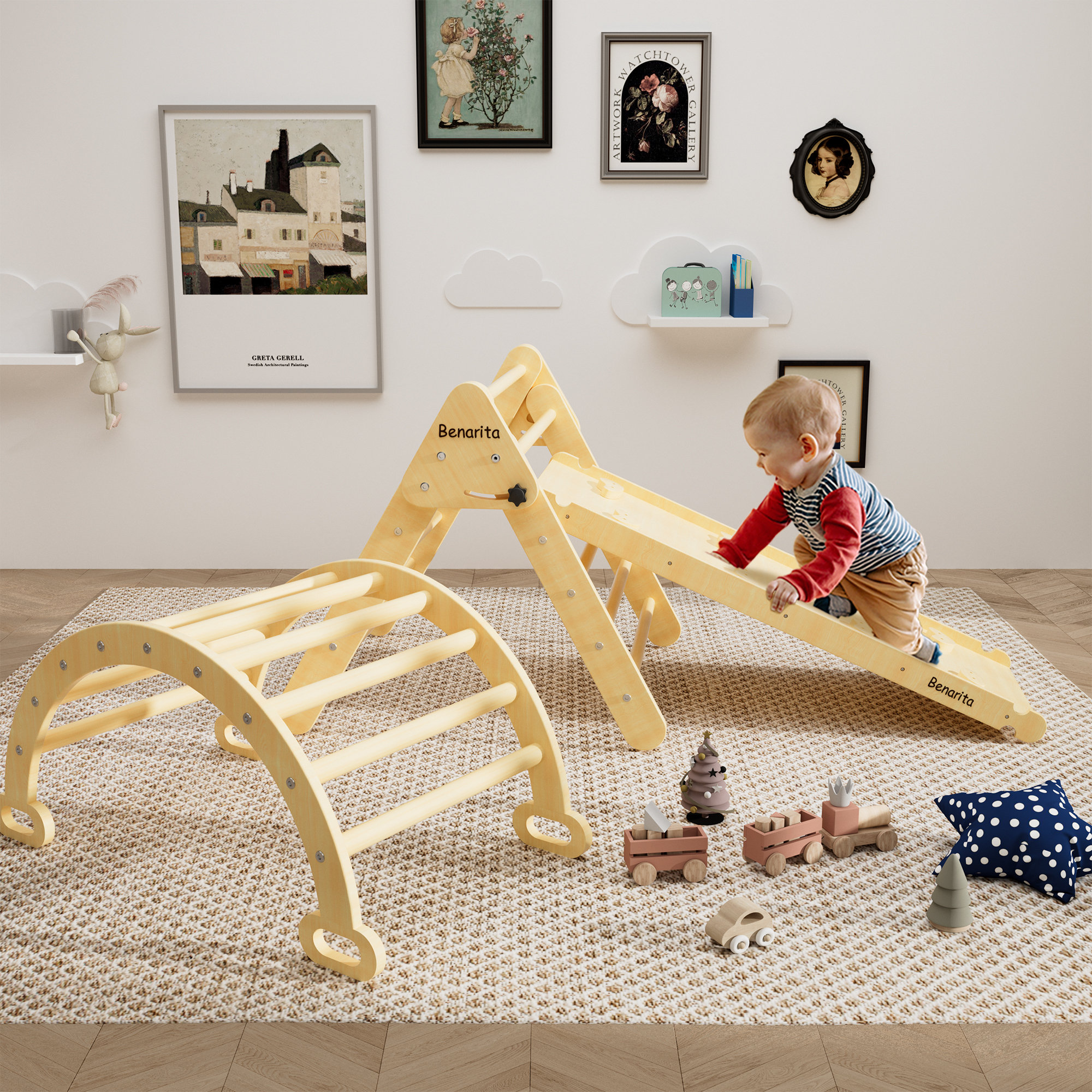 Large climbing arch with pillow, foldable montessori rocker with rock ramp  and arch rocker cushion