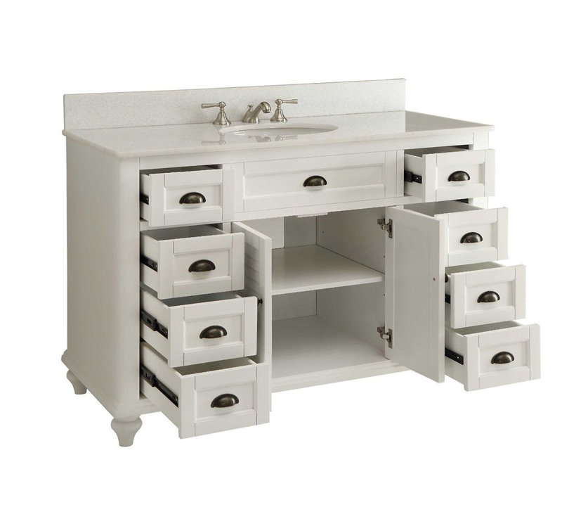 Meuble-lavabo autoportant Benton Collection 49 pouces, modèle Glennville blanc, lavabo simple, comptoir en quartz blanc, entièrement assemblé