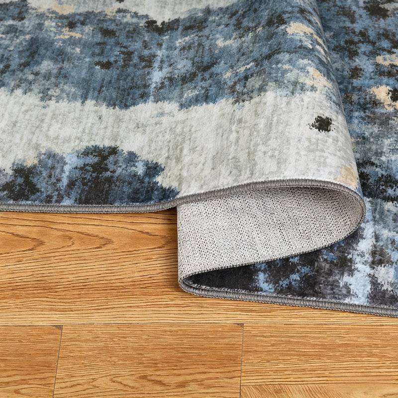Tapis moderne lavable abstrait pour le salon de la chambre à coucher, Bleu, Rectangle 10' x 13'