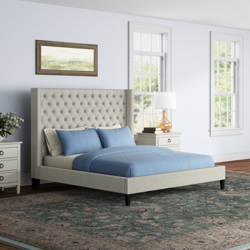 Allyonna Upholstered Wingback Bed, Eastern King, Beige