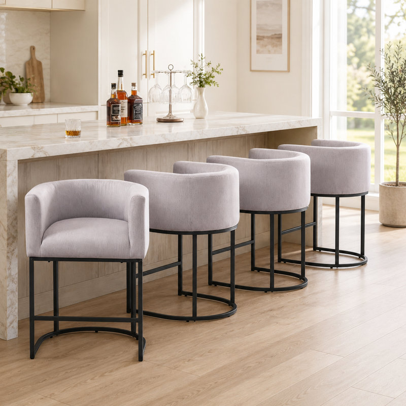 Upholstered Counter Height Stool with Metal Frame (Set of 4), Light Gray Seat/Black Frame, 4