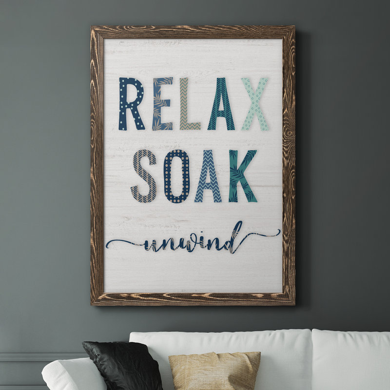Relax Soak Unwind - cadre photo, art textuel sur toile, H 37,5 po x l 27,5 po x P 1,5 po, Encadré de bois de noyer