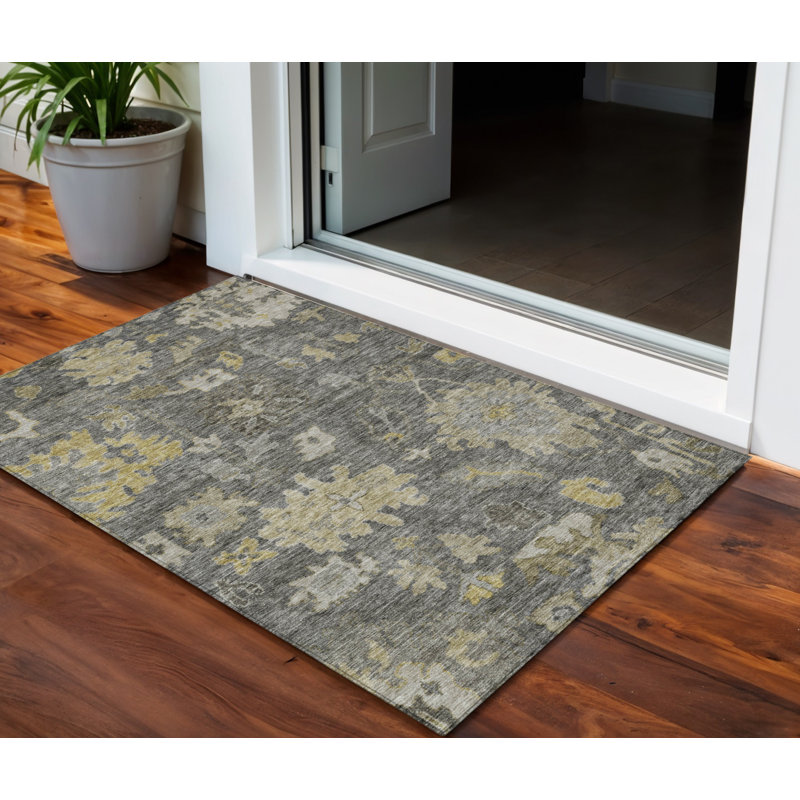 Tapis extérieur lavable floral gris et gris anthracite 3 pi x 5 pi