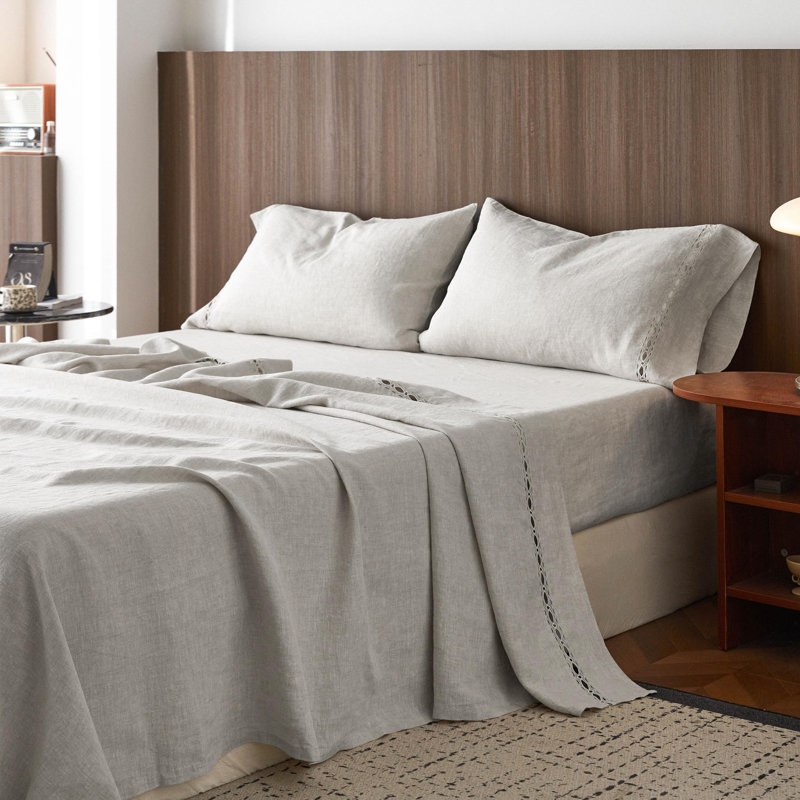 100% Washed Linen Sheet Set-Natural French Flax Bed Sheet, Grey, King 1 flat sheet +1 fitted sheet +2 pillowcases